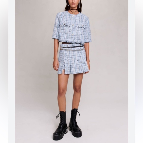 Maje 2 Piece Matching Tweed Short Sleeve Blazer Skort Pleaded Skirt Set Size 38 - Picture 7 of 16